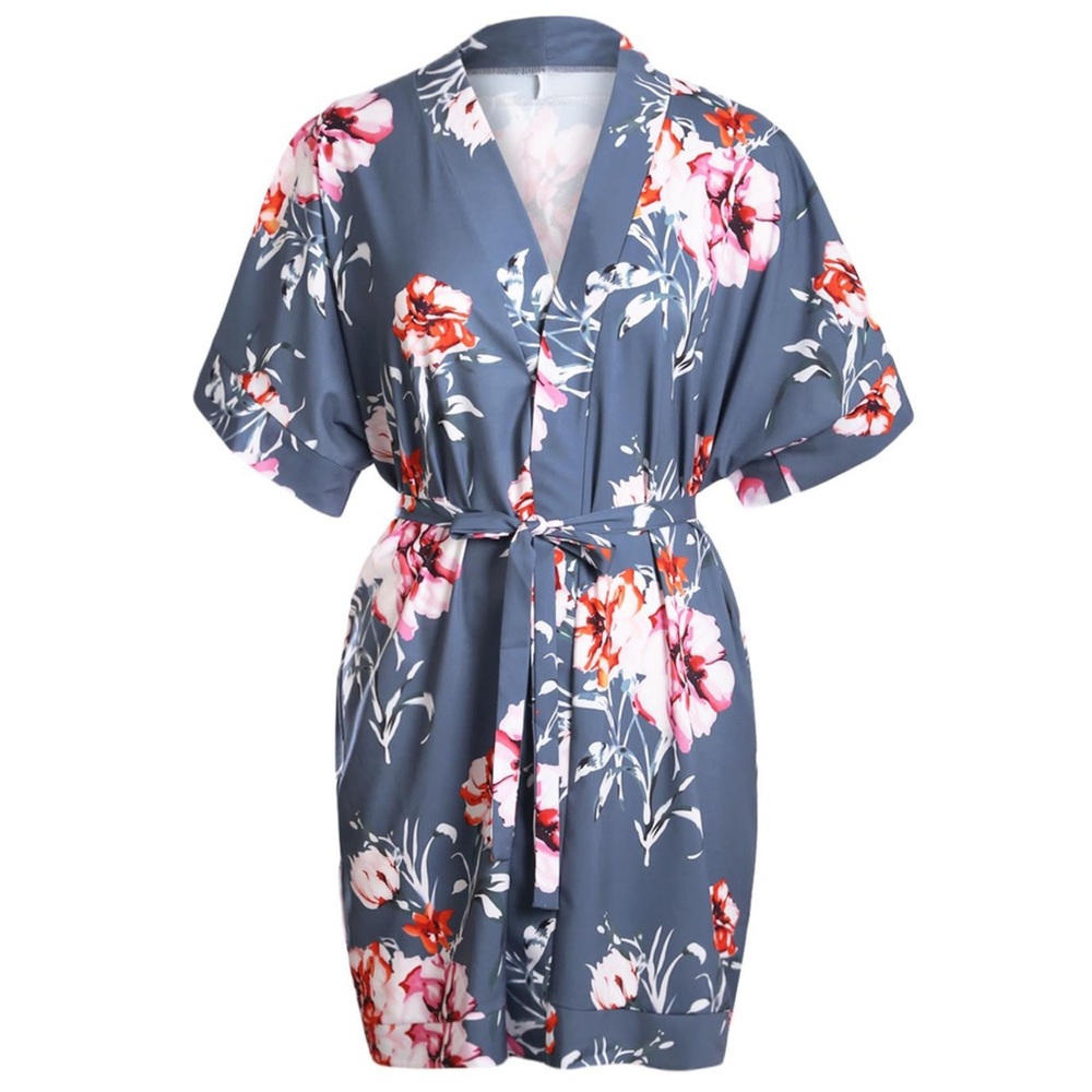 5⭐️ Floral Kimono Dress Blue Tie Front - Picture 2 of 9